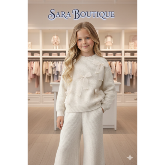 طقم صوف بناتي مميز من ٥-١٠ سنوات مزين بالفيونكات 