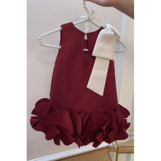 فستان بناتي فاخر باللون الاحمر الداكن البرغندي مزين بفيونكة بيضاء جميلة ٣-٨ سنوات