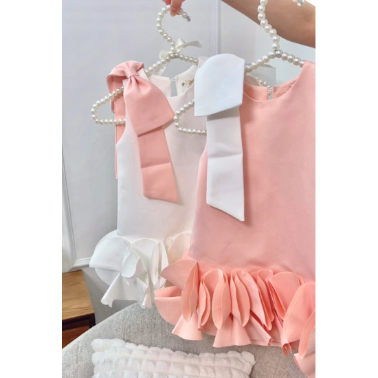 فستان بناتي فاخر باللون البطيخي مزود بفيونكا بيضاء جميلة ٣-٨ سنوات