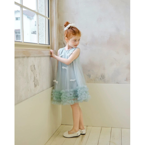 فستان بناتي تركوازي مزين بالفيونكات 