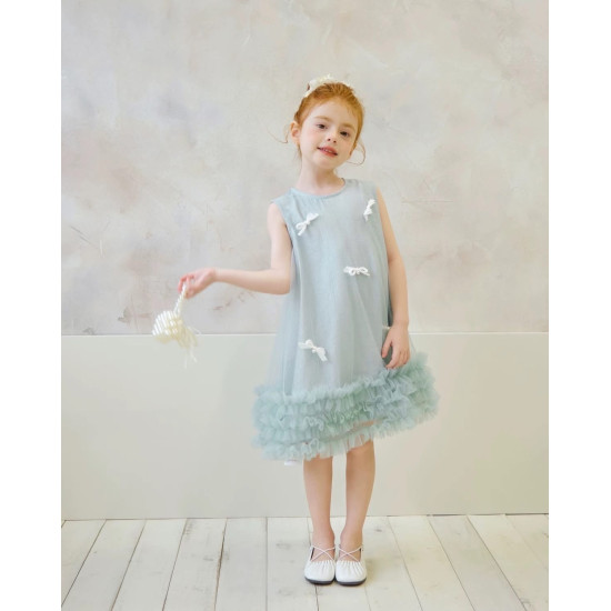 فستان بناتي تركوازي مزين بالفيونكات 